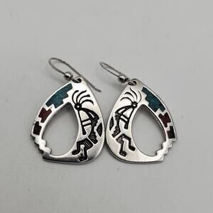 Vintage Sterling Silver Shubes Dakota Kokopelli Inlay Earrings